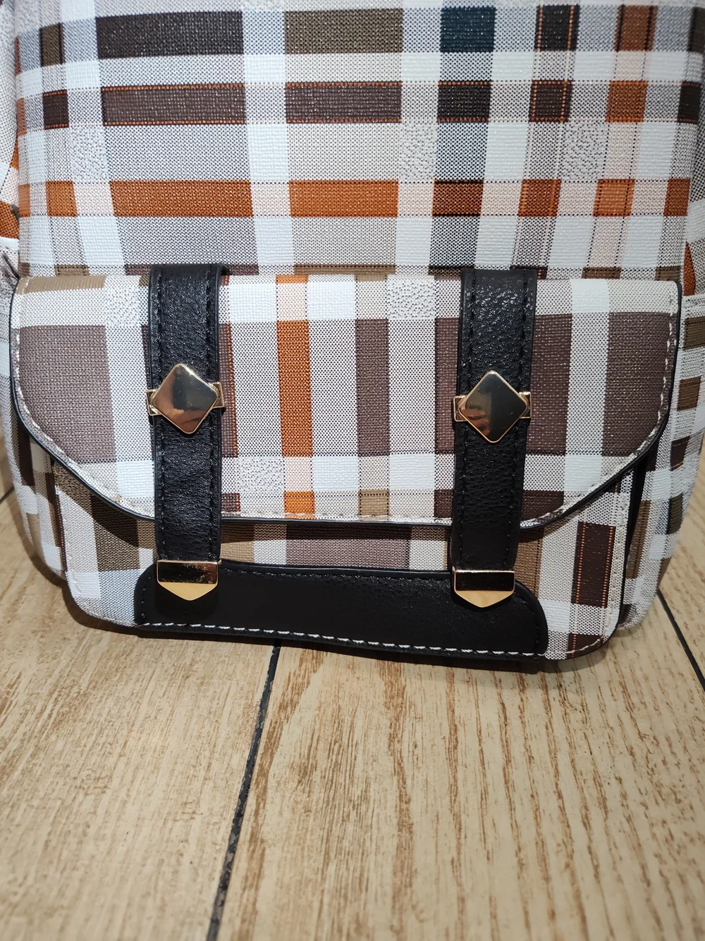 NWT Stylish Plaid Mini Backpack with Teddy Bear Keychain - Brown & White